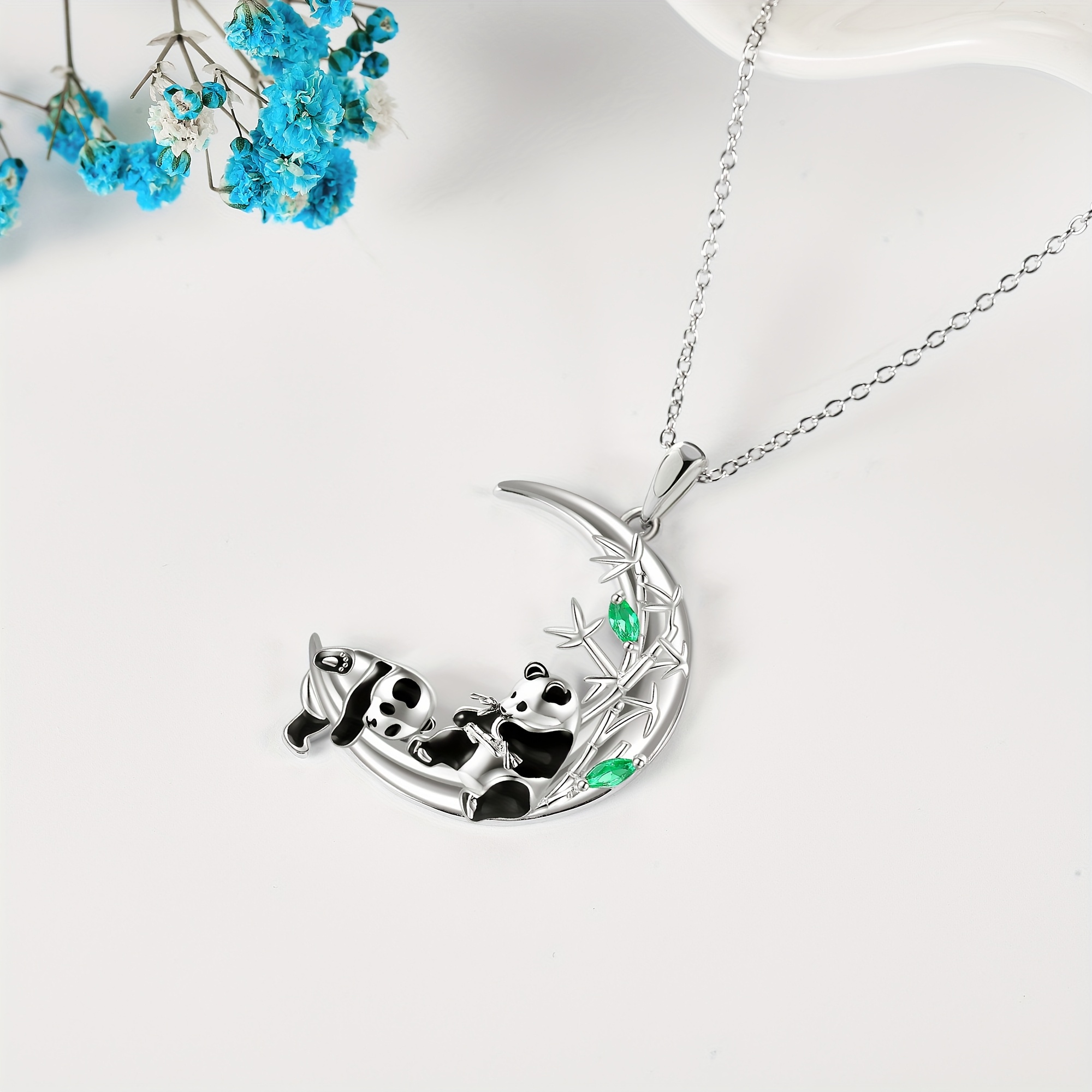 Women's 925 Sterling Silver Moon Panda Pendant Necklace